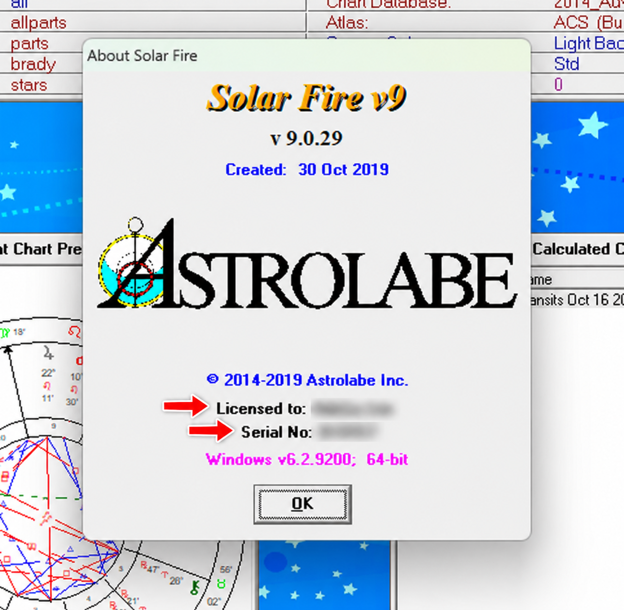 About Solar Fire window, with arrows pointing to Licensed to and Serial No; the personal name and serial number are blurred.