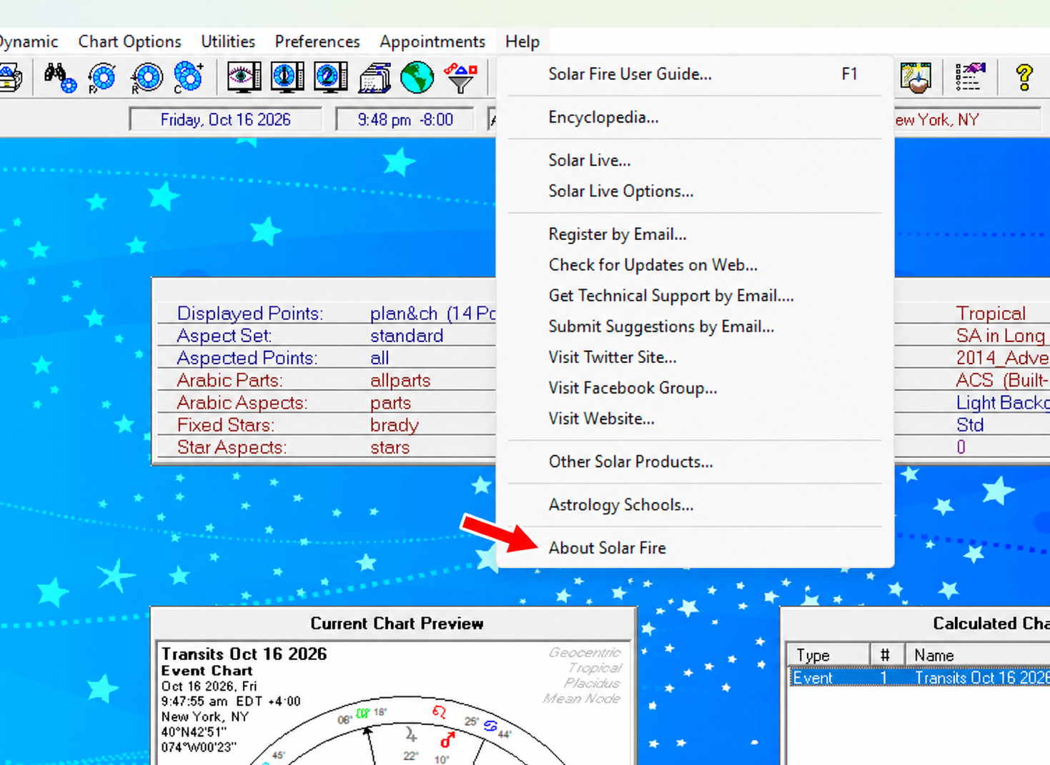 Solar Fire 9 Help menu, with an arrow pointing to About Solar Fire.
